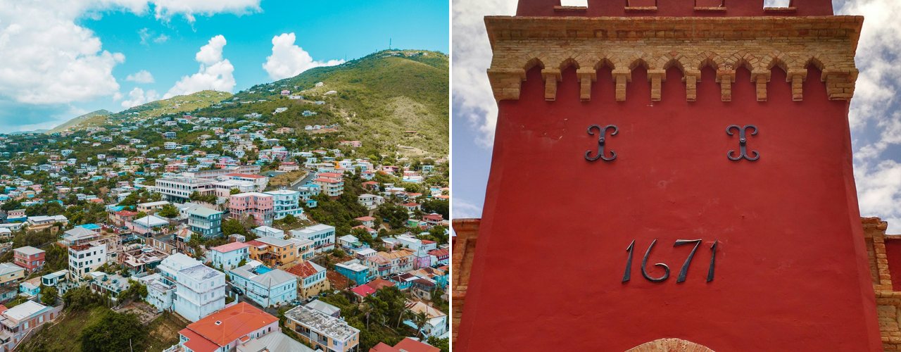 Charlotte Amalie climbing the hills, and the red clock tower of Fort Christian, St. Thomas