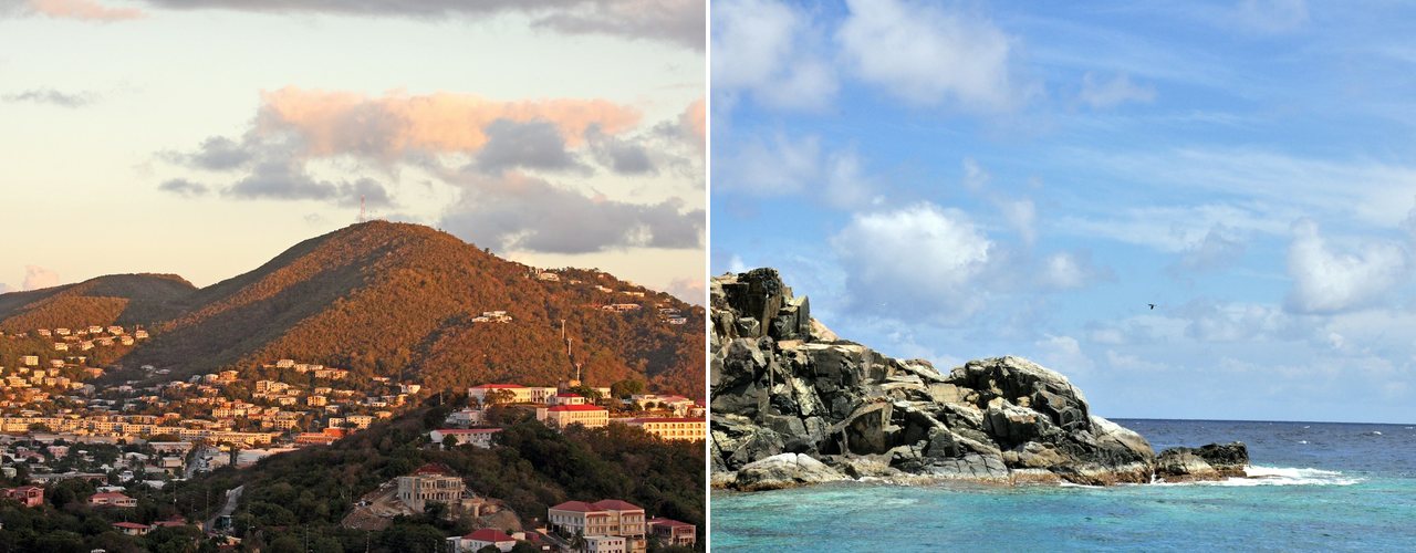 St. Thomas hillsides in evening light, and granite rocks in clear water