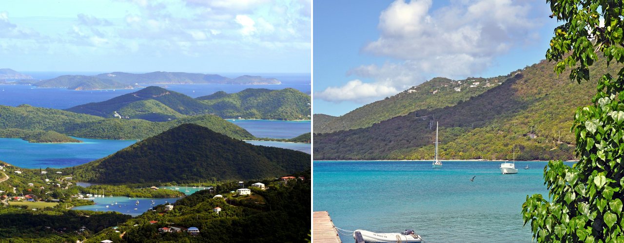 Green hills and islands from St. Thomas, and a calm turquoise bay with sailboats