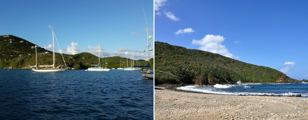 Sailboats at anchor in a St. Thomas bay, and a beach below green hills